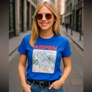 J.Crew Womens Aspen Ski Graphic Tee XXS Blue Mountain Map Snow Resort Winter